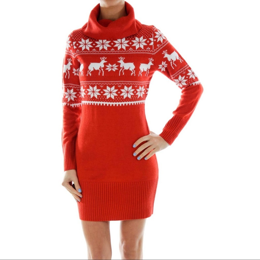 Tipsy Elves Cowl Neck Christmas Sweater Dress Fair Isle Reindeer Snowflakes XS